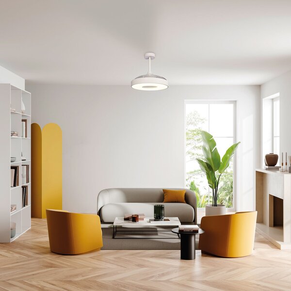 Ventilatore da soffitto LED Coin, bianco, silenzioso a corrente continua, CCT - Mantra Iluminación, Coin, dimmerabile, Bianco, Soggiorno, Plastica, Moderno