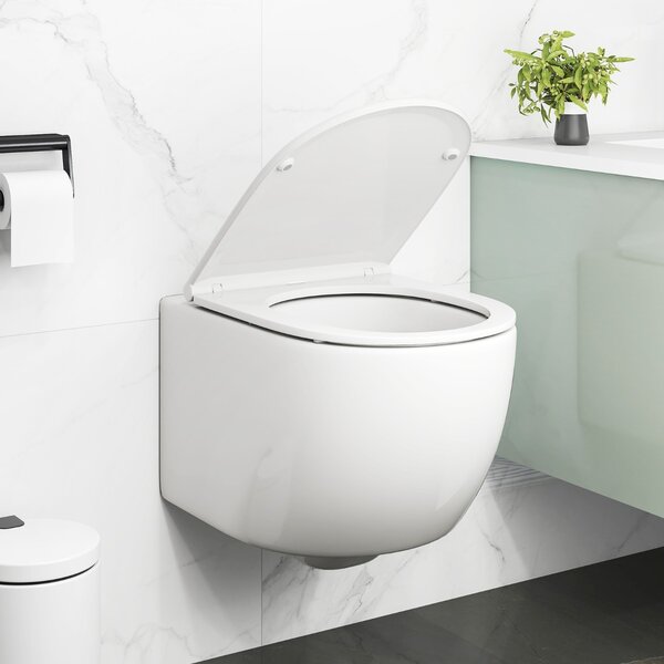 Costway Vaso WC in ceramica da parete e sedile WC con sistema di doppio scarico, Vaso WC facile da pulire Bianco