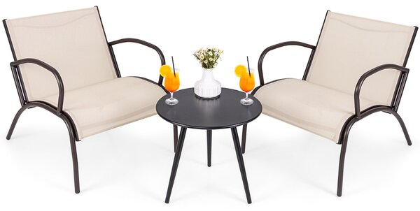 Costway Set di sedie con braccioli e tavolino in alluminio metallico con seduta curvata in tessuto, Set di poltrone da esterno a 3 pezzi Marrone