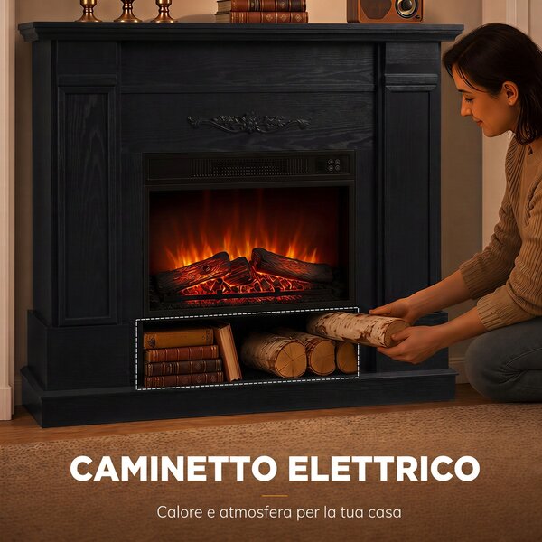HOMCOM Camino Elettrico da Terra/Incasso con Cornice e Ripiano per TV 55'', 1800W, Effetto Fiamma 3D, Timer, Nero | Aosom Italy
