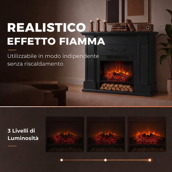 HOMCOM Camino Elettrico da Terra/Incasso con Cornice e Ripiano per TV 55'', 1800W, Effetto Fiamma 3D, Timer, Nero | Aosom Italy