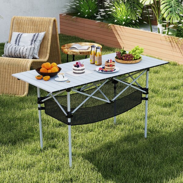 Costway Tavolo da picnic portatile con piano in alluminio arrotolabile cestello in rete, Tavolo da campeggio pieghevole da esterno Argento
