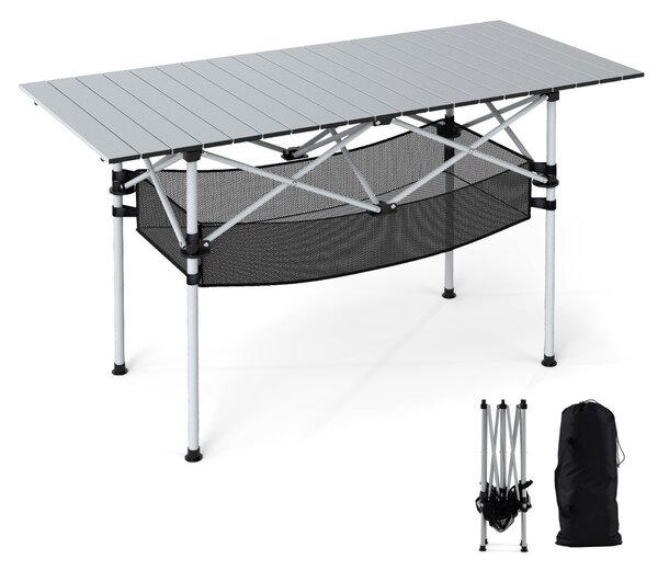 Costway Tavolo da picnic portatile con piano in alluminio arrotolabile cestello in rete, Tavolo da campeggio pieghevole da esterno Argento