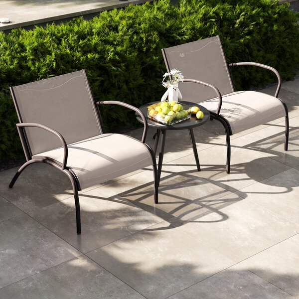 Costway Set di sedie con braccioli e tavolino in alluminio metallico con seduta curvata in tessuto, Set di poltrone da esterno a 3 pezzi Marrone