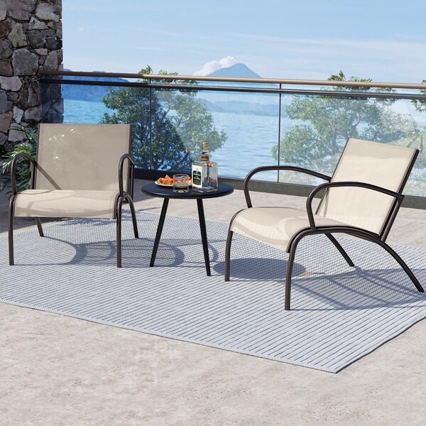 Costway Set di sedie con braccioli e tavolino in alluminio metallico con seduta curvata in tessuto, Set di poltrone da esterno a 3 pezzi Marrone