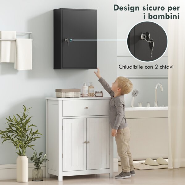 Kleankin Armadietto Medicinali a 3 Livelli in Metallo con 2 Chiavi e Montaggio a Parete, 40x18x60 cm, Nero | Aosom Italy