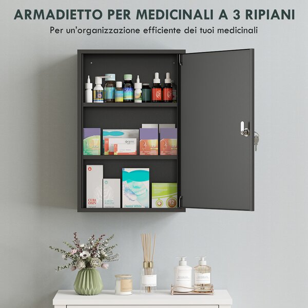 Kleankin Armadietto Medicinali a 3 Livelli in Metallo con 2 Chiavi e Montaggio a Parete, 40x18x60 cm, Nero | Aosom Italy