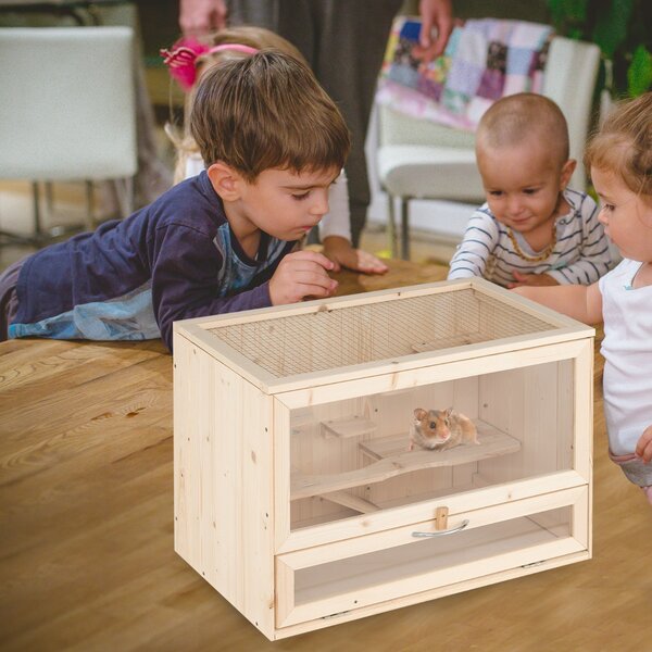 Costway Gabbia in legno per criceto con tetto ribaltabile in rete, Vasca per animali piccoli con pannello in acrilico Naturale