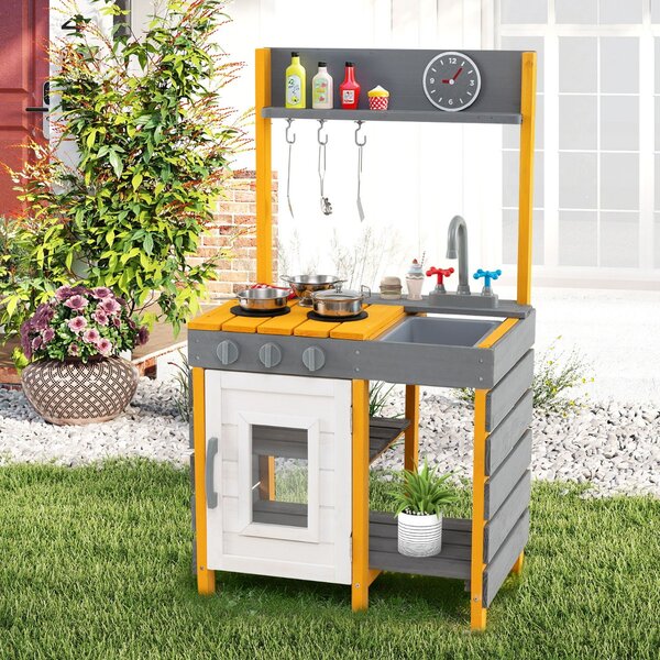 Costway Cucina giocattolo per bambini con fornelli e ganci appesi e mensole portaoggetti, Giocattolo in legno per bambini 3+ Grigio