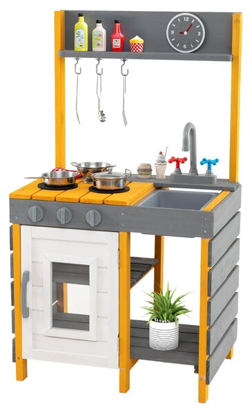 Costway Cucina giocattolo per bambini con fornelli e ganci appesi e mensole portaoggetti, Giocattolo in legno per bambini 3+ Grigio