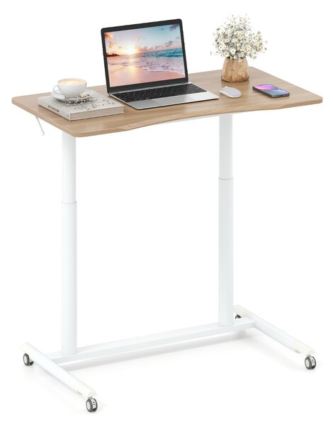 Costway Tavolo portatile per laptop con ruote bloccabili e struttura in metallo per spazi ridotti, Scrivania mobile regolabile in altezza a forma di C Naturale