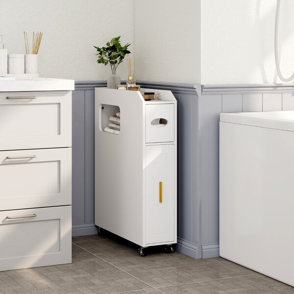 Costway Organizzatore da 16 cm stretto e slim con portascopino e ruote con freno, Mobiletto da bagno piccolo per spazi ridotti Bianco