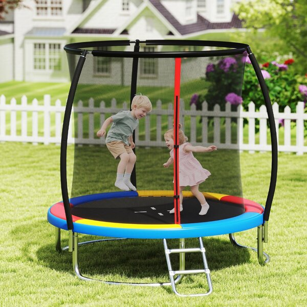 Costway Trampolino ricreativo pesante con rete di sicurezza per bambini e adulti, Trampolino da esterno 244 cm in acciaio zincato antiruggine Colorato