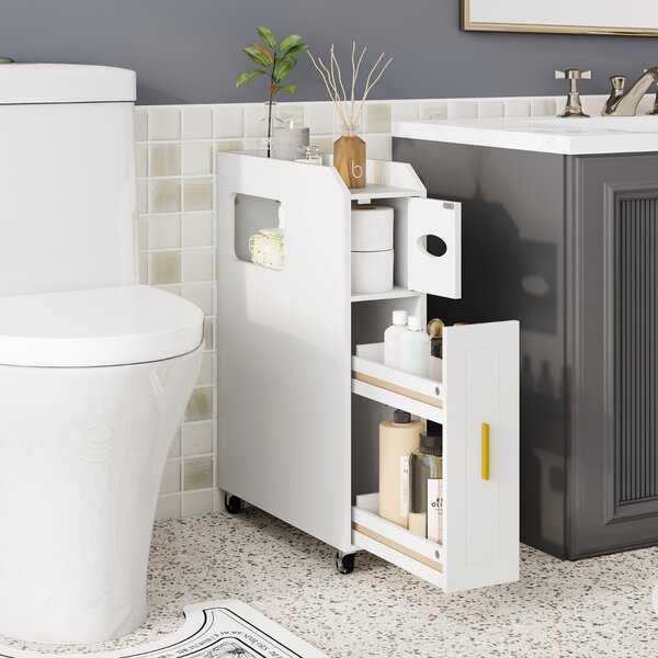 Costway Organizzatore da 16 cm stretto e slim con portascopino e ruote con freno, Mobiletto da bagno piccolo per spazi ridotti Bianco