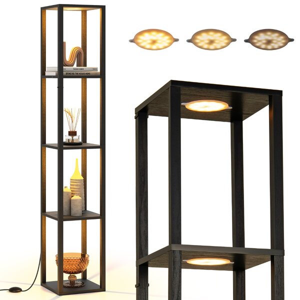 Costway Lampada da terra con ripiani a 4 livelli e luci LED dimmerabili a 3 vie, Lampada da scaffale moderna in legno Nero