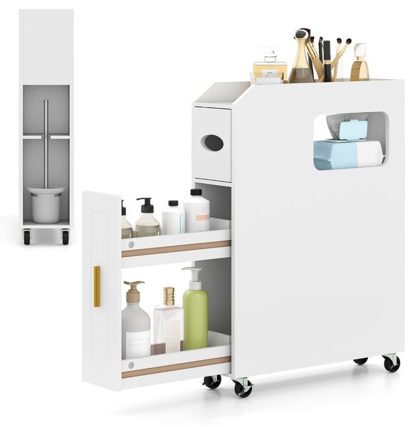 Costway Organizzatore da 16 cm stretto e slim con portascopino e ruote con freno, Mobiletto da bagno piccolo per spazi ridotti Bianco