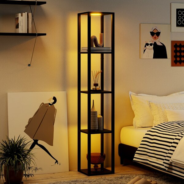 Costway Lampada da terra con ripiani a 4 livelli e luci LED dimmerabili a 3 vie, Lampada da scaffale moderna in legno Nero