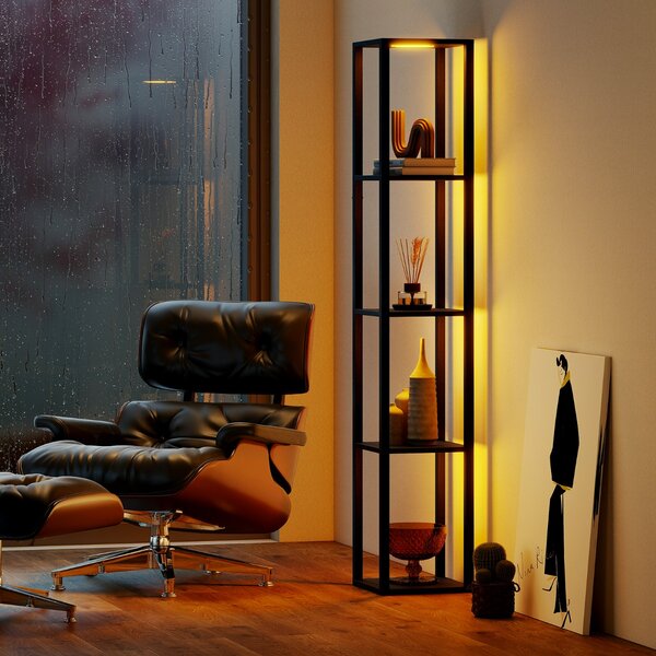 Costway Lampada da terra con ripiani a 4 livelli e luci LED dimmerabili a 3 vie, Lampada da scaffale moderna in legno Nero