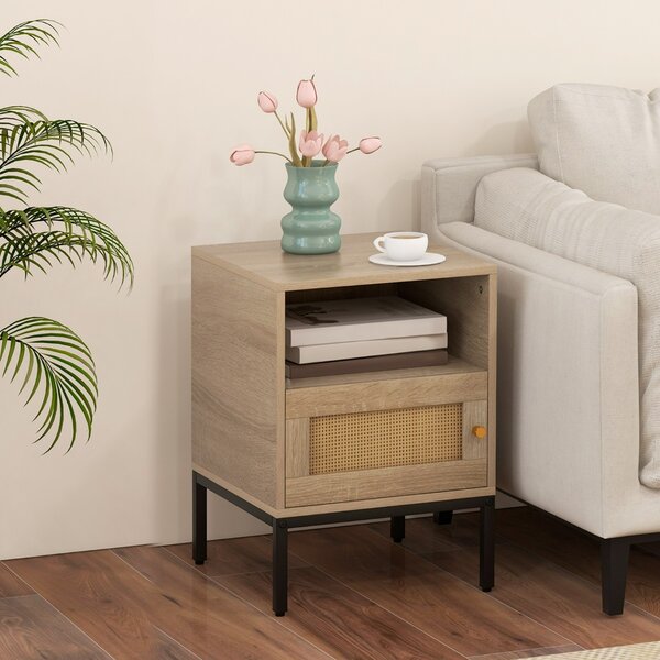 Costway Comodino con spazio di stoccaggio ripiano aperto e armadietto con porta, Tavolino bohemien in rattan per casa 2 Pezzi Naturale