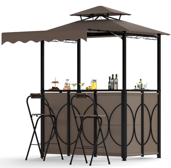 Costway Set da giardino BBQ all'aperto 3 pezzi con tavolo bar e 2 sgabelli bar pieghevoli, Gazebo per grill con tettoia piscina Marrone
