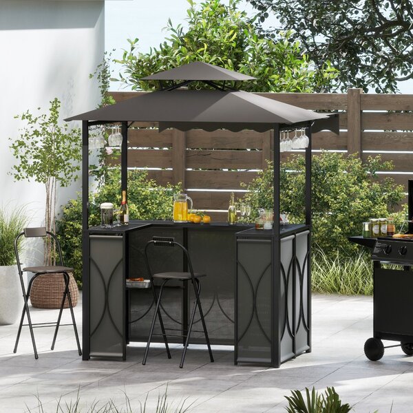 Costway Set da giardino BBQ all'aperto 3 pezzi con tavolo bar e 2 sgabelli bar pieghevoli, Gazebo per grill con tettoia piscina Grigio