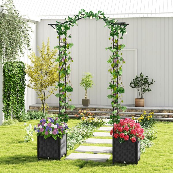 Costway Arco in metallo da giardino con 2 fioriere auto-irriganti e ruote, Grande arco da matrimonio all'aperto per viti e rose Grigio
