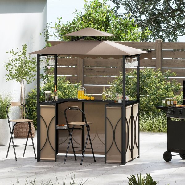 Costway Set da giardino BBQ all'aperto 3 pezzi con tavolo bar e 2 sgabelli bar pieghevoli, Gazebo per grill con tettoia piscina Marrone
