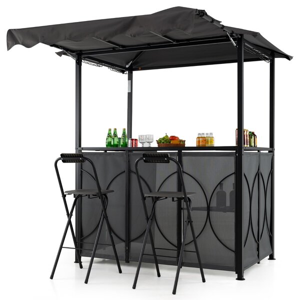 Costway Set da giardino BBQ all'aperto 3 pezzi con tavolo bar e 2 sgabelli bar pieghevoli, Gazebo per grill con tettoia piscina Grigio