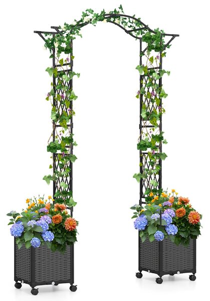 Costway Arco in metallo da giardino con 2 fioriere auto-irriganti e ruote, Grande arco da matrimonio all'aperto per viti e rose Grigio