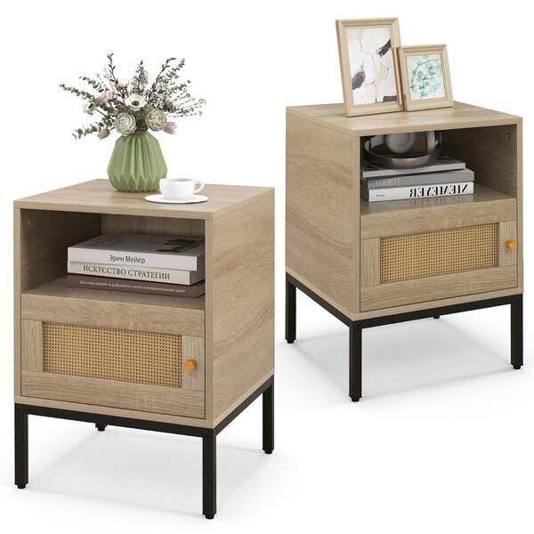 Costway Comodino con spazio di stoccaggio ripiano aperto e armadietto con porta, Tavolino bohemien in rattan per casa 2 Pezzi Naturale