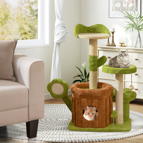 Costway Torre multilivello per gattini con condominio tronco e letto imbottito, Centro di attività da interno per animali Verde