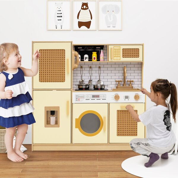 Costway Set cucina giocattolo per bambini con accessori ricchi e ante in rattan, Cucina in legno ideale per bambini da 3+ anni Giallo