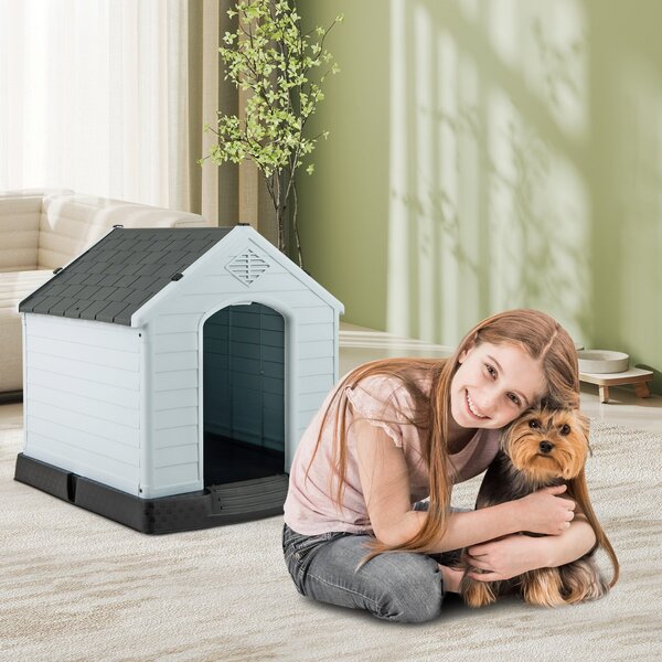 Costway Casetta impermeabile e ventilata per cani, Cuccia con valvole d’aria e pavimento rialzato Grigio