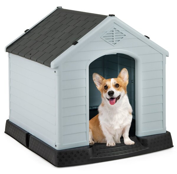 Costway Casetta impermeabile e ventilata per cani, Cuccia con valvole d’aria e pavimento rialzato Grigio