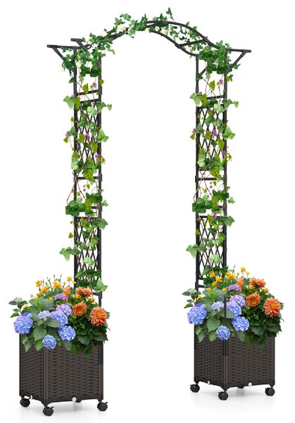 Costway Arco in metallo da giardino con 2 fioriere auto-irriganti e ruote, Grande arco da matrimonio all'aperto per viti e rose Nero