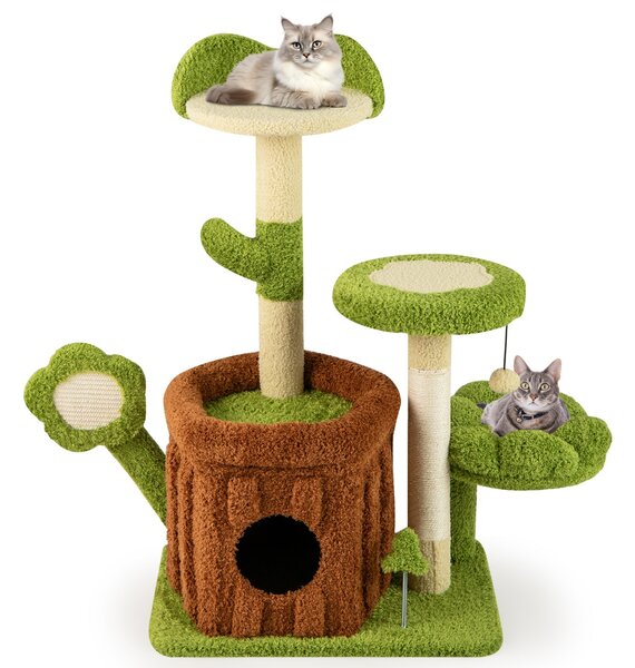 Costway Torre multilivello per gattini con condominio tronco e letto imbottito, Centro di attività da interno per animali Verde