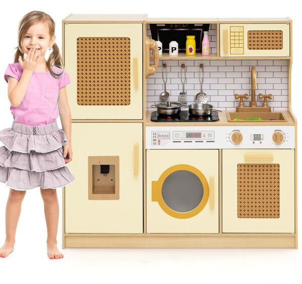 Costway Set cucina giocattolo per bambini con accessori ricchi e ante in rattan, Cucina in legno ideale per bambini da 3+ anni Giallo