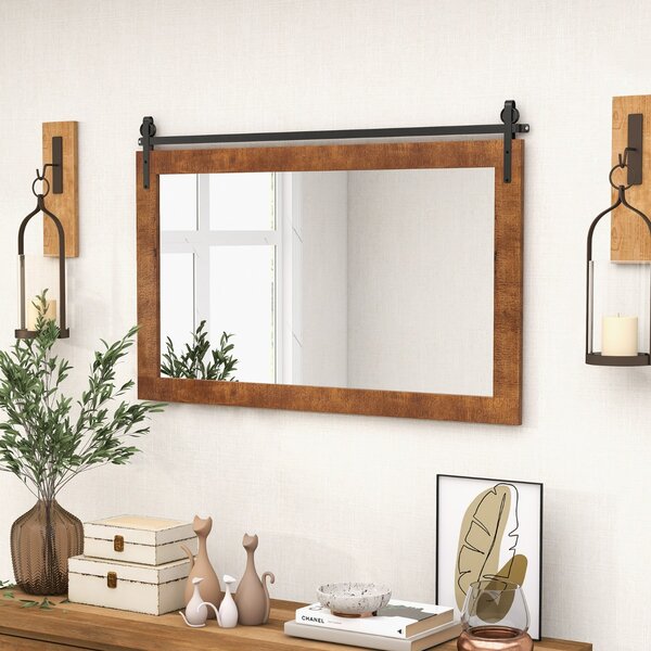 Costway Specchio da parete con cornice in legno massiccio e staffa in metallo, Decorazione da parete in stile rustico Marrone