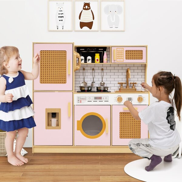 Costway Set cucina giocattolo per bambini con accessori ricchi e ante in rattan, Cucina in legno ideale per bambini da 3+ anni Rosa