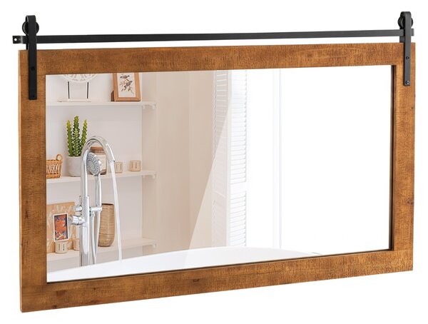 Costway Specchio da parete con cornice in legno massiccio e staffa in metallo, Decorazione da parete in stile rustico Marrone