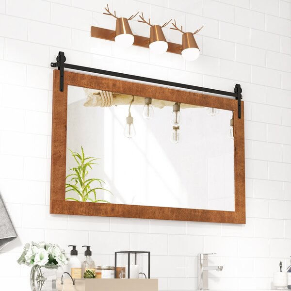Costway Specchio da parete con cornice in legno massiccio e staffa in metallo, Decorazione da parete in stile rustico Marrone