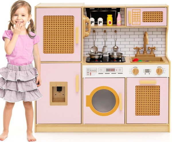 Costway Set cucina giocattolo per bambini con accessori ricchi e ante in rattan, Cucina in legno ideale per bambini da 3+ anni Rosa