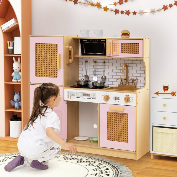Costway Set cucina giocattolo per bambini con accessori ricchi e ante in rattan, Cucina in legno ideale per bambini da 3+ anni Rosa