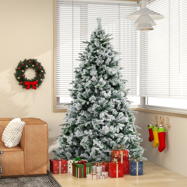 Costway Albero di natale innevato con 300 luci a LED bianche calde per casa, Albero di natale artificiale da 215 cm Verde