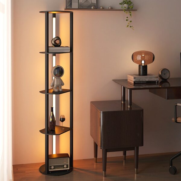 Costway Lampada da terra con mensole scaffale indipendente in legno con 4 strisce LED ruotabili, Lampada da terra moderna con mensole Nero