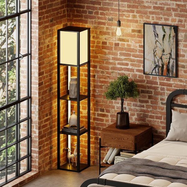 Costway Lampada a mensola in legno con 3 strisce LED e paralume con luce e interruttore a pedale, Lampada da terra moderna con scaffali Nero