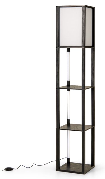Costway Lampada a mensola in legno con 3 strisce LED e paralume con luce e interruttore a pedale, Lampada da terra moderna con scaffali Nero