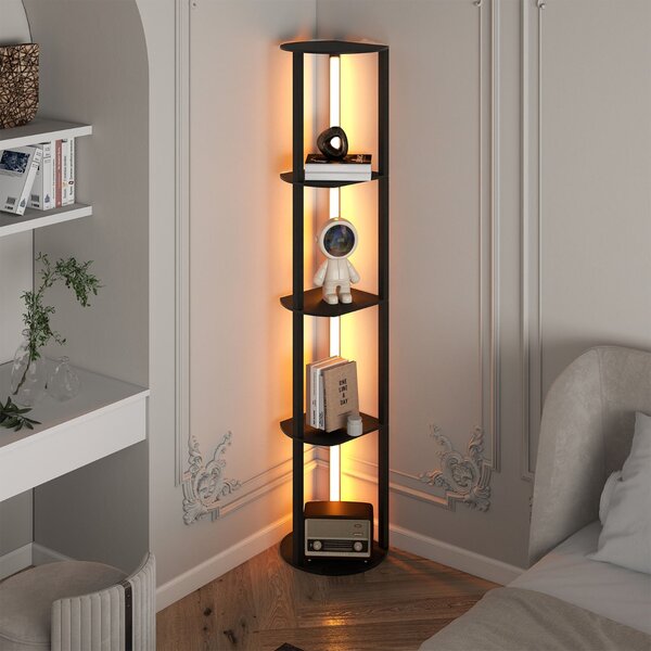Costway Lampada da terra con mensole scaffale indipendente in legno con 4 strisce LED ruotabili, Lampada da terra moderna con mensole Nero