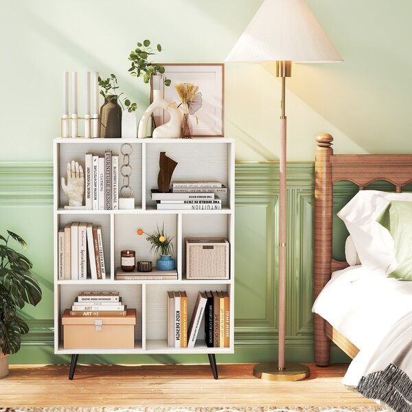 Costway Organizzatore di stoccaggio moderno con 4 gambe di metallo affusolate, Libreria a 7 cubi studio camera da letto Bianco