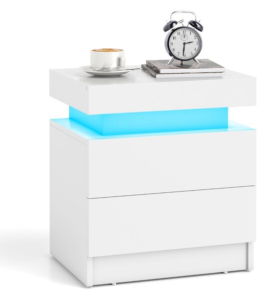 Costway Comodino con luci a LED 2 cassetti, Tavolino da divano moderno con finitura lucida effetto marmo 45x35x52cm Bianco